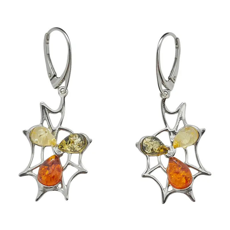 Three Stone Amber Spiderweb Earrings