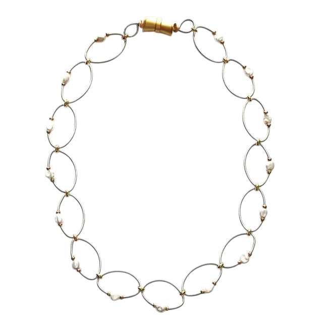Oval Piano Wire & Keishi Pearl Necklace