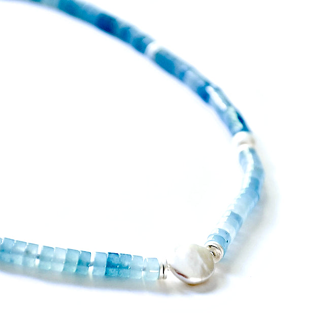 Aqua Quartz Necklace With Coin Pearl