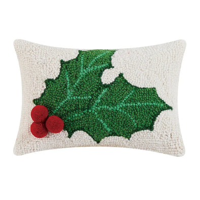 Holly with Pom Pom Berries Hooked Pillow