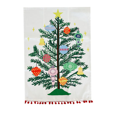 Vintage Christmas Tree Tea Towel with Pom Poms