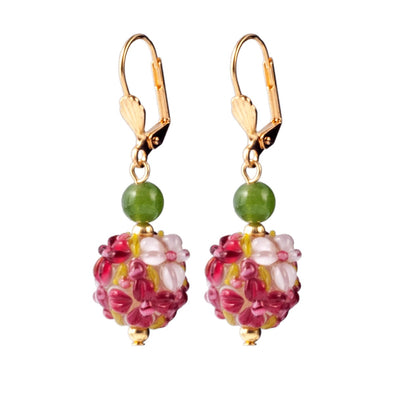 Floral Lampwork Glass & Jade Earrings